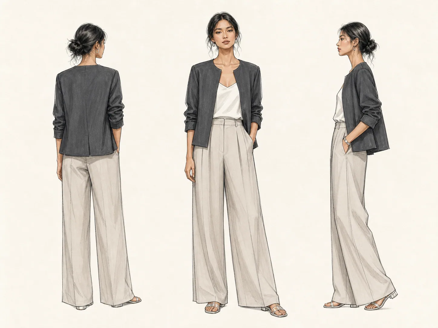 แฟชั่นสเก็ตช์ชุด Quiet Tailoring ของ Atelier Demo มุมด้านหลัง ด้านหน้า และด้านข้าง