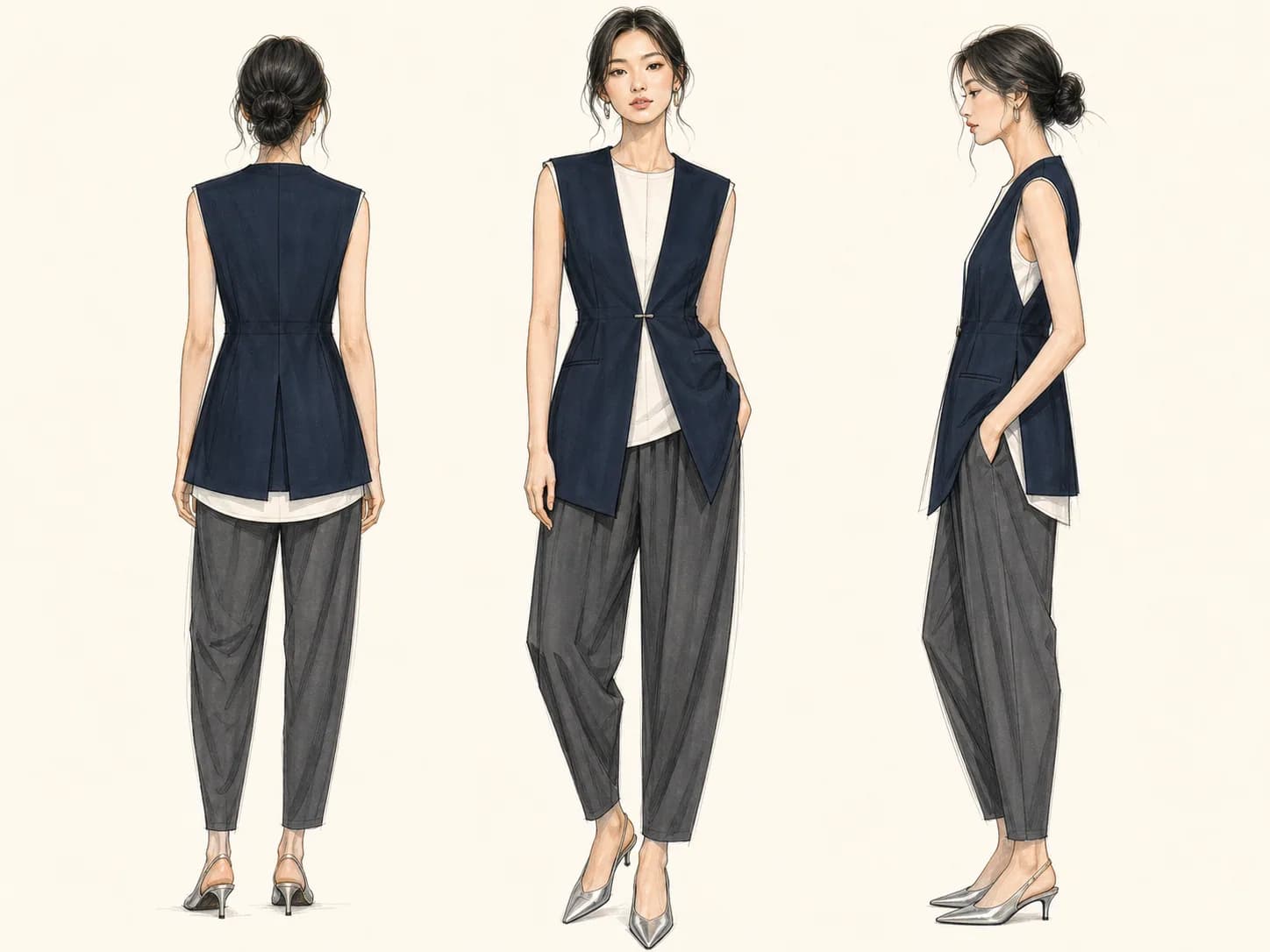 แฟชั่นสเก็ตช์ชุด Soft Structure ของ Atelier Demo มุมด้านหลัง ด้านหน้า และด้านข้าง