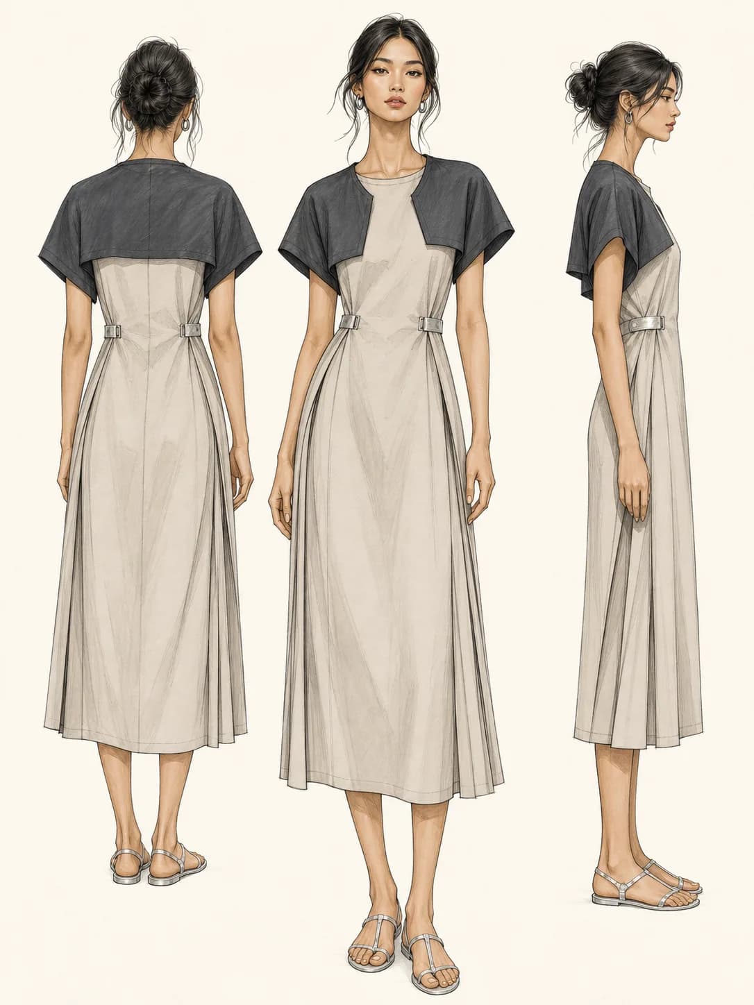 แฟชั่นสเก็ตช์ชุด Rest Mode Dress ของ Atelier Demo มุมด้านหลัง ด้านหน้า และด้านข้าง