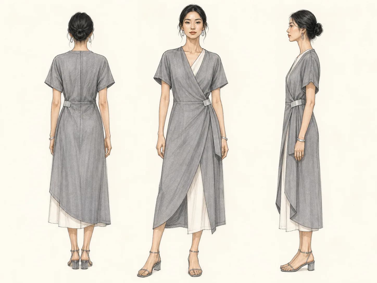แฟชั่นสเก็ตช์ชุด Modular Wrap Dress ของ Atelier Demo มุมด้านหลัง ด้านหน้า และด้านข้าง
