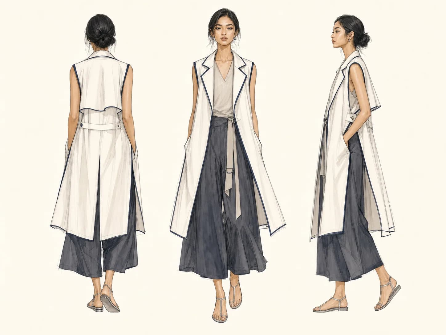 แฟชั่นสเก็ตช์ชุด Climate Trench Vest ของ Atelier Demo มุมด้านหลัง ด้านหน้า และด้านข้าง