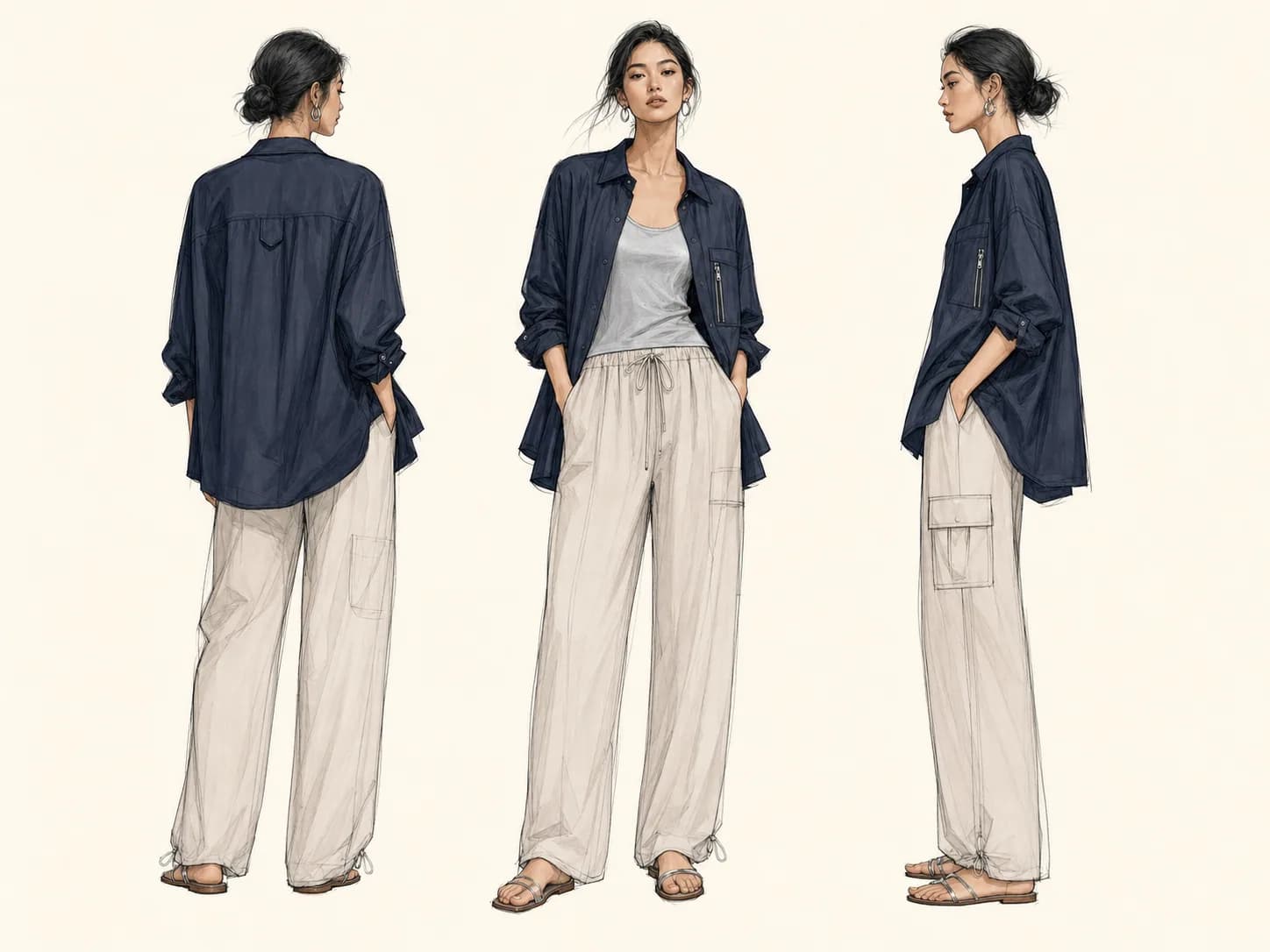 แฟชั่นสเก็ตช์ชุด Fluid Utility Set ของ Atelier Demo มุมด้านหลัง ด้านหน้า และด้านข้าง