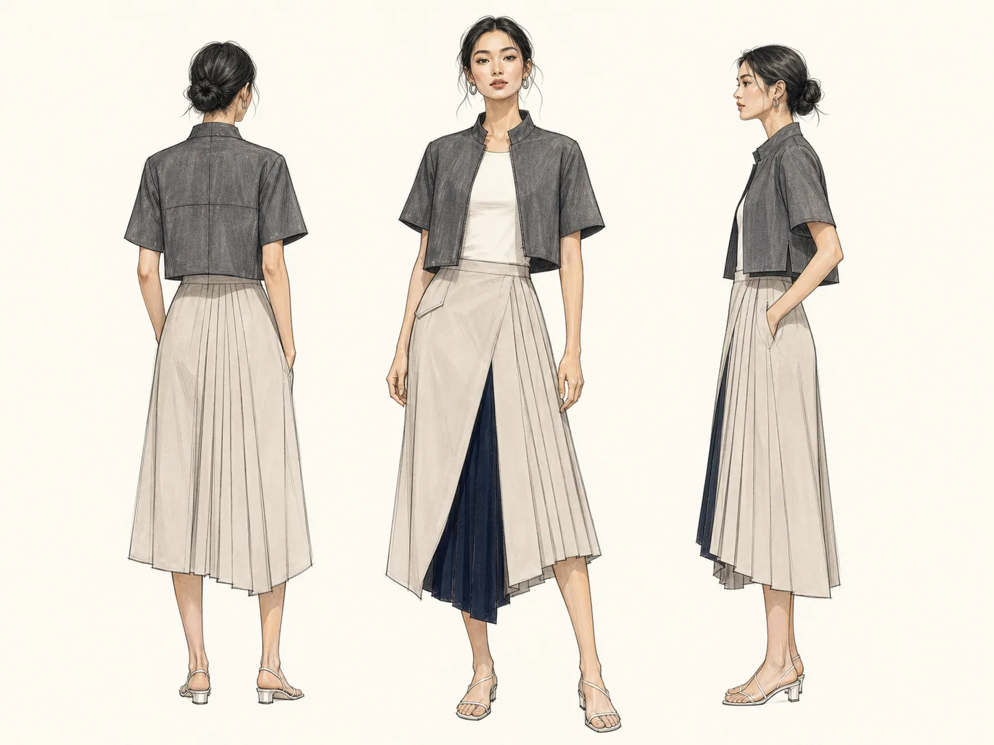แฟชั่นสเก็ตช์ชุด Architectural Pleat ของ Atelier Demo มุมด้านหลัง ด้านหน้า และด้านข้าง