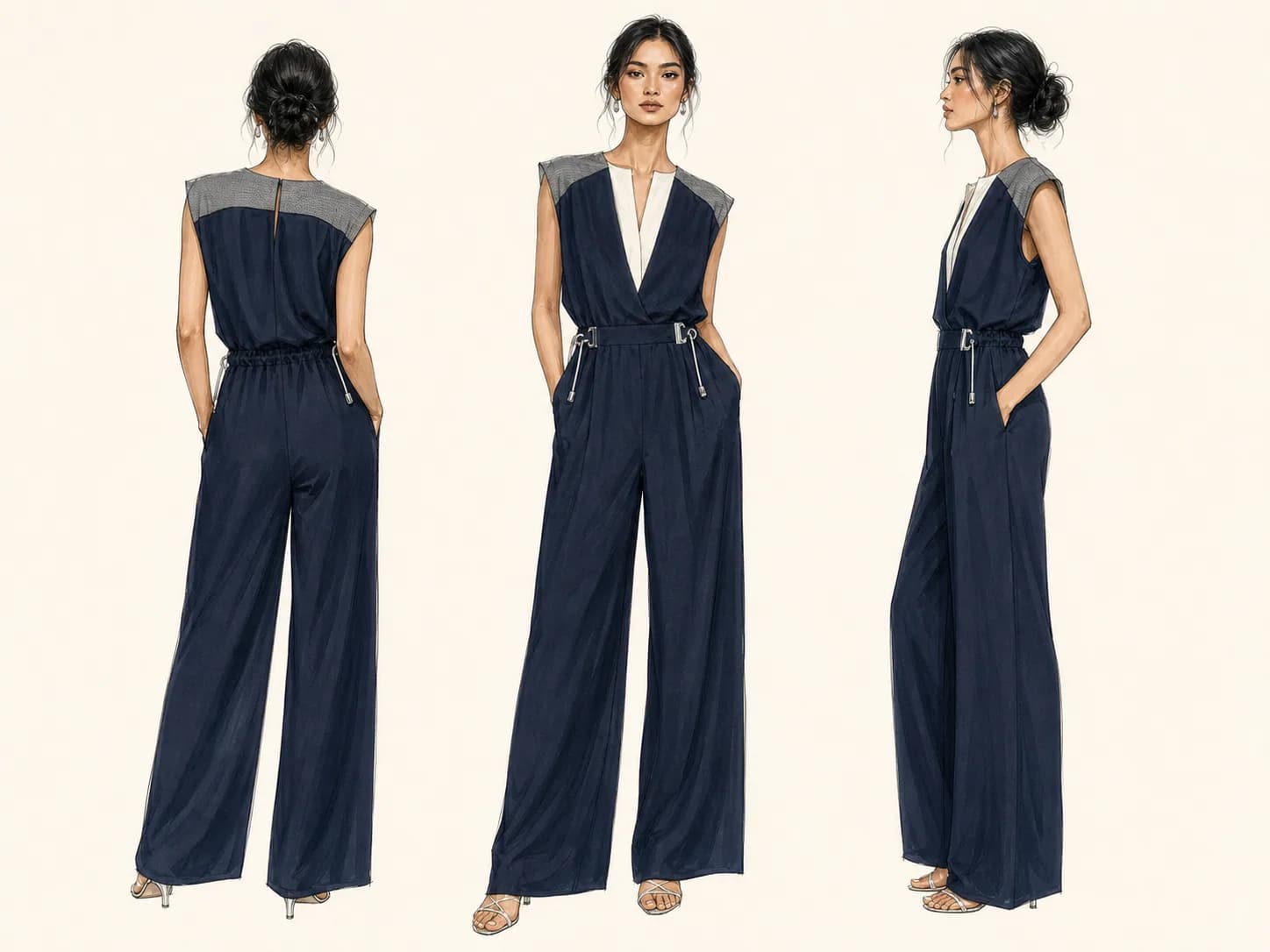 แฟชั่นสเก็ตช์ชุด Day-to-Night Jumpsuit ของ Atelier Demo มุมด้านหลัง ด้านหน้า และด้านข้าง