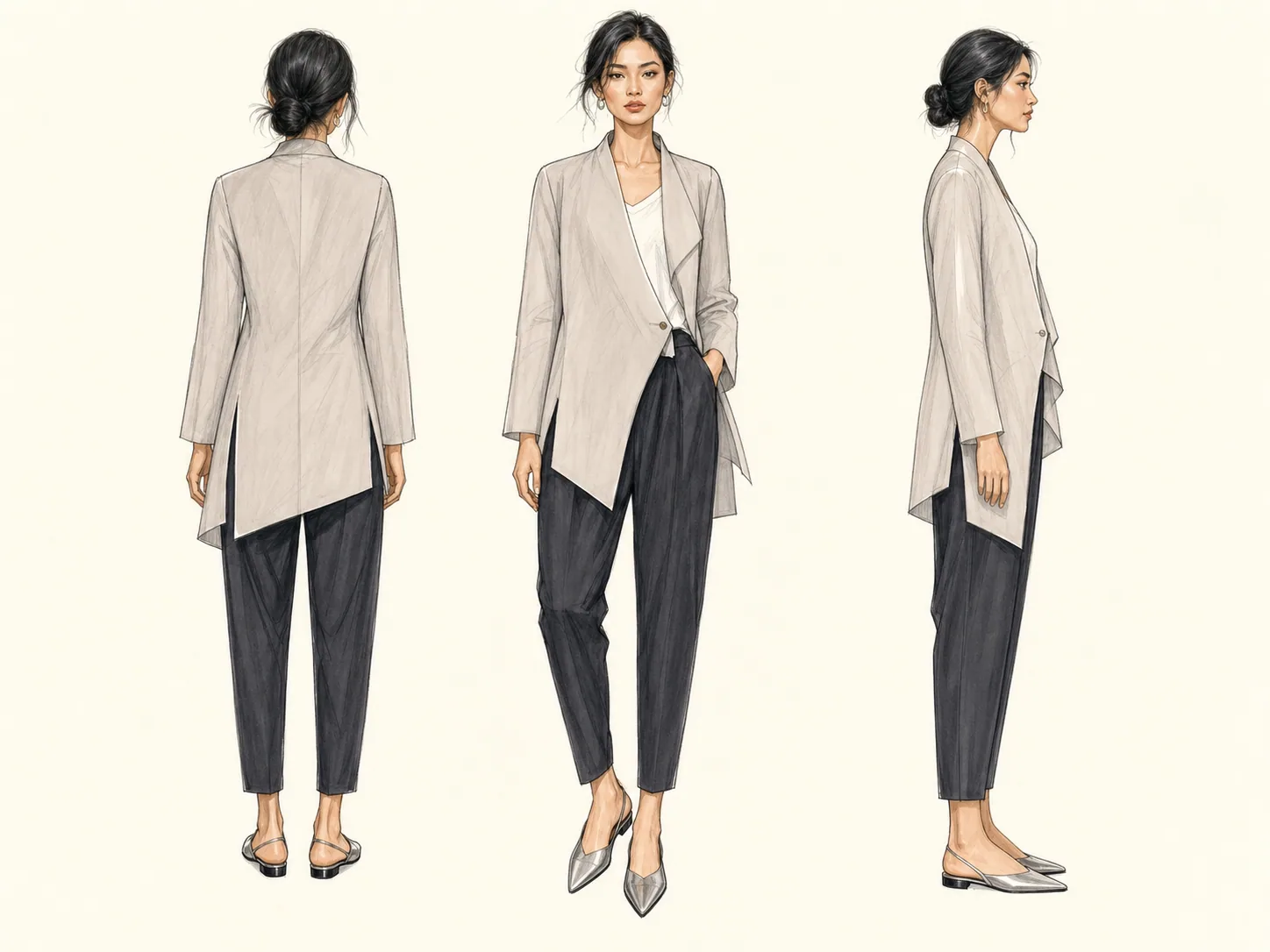 แฟชั่นสเก็ตช์ชุด Refined Tunic Suit ของ Atelier Demo มุมด้านหลัง ด้านหน้า และด้านข้าง