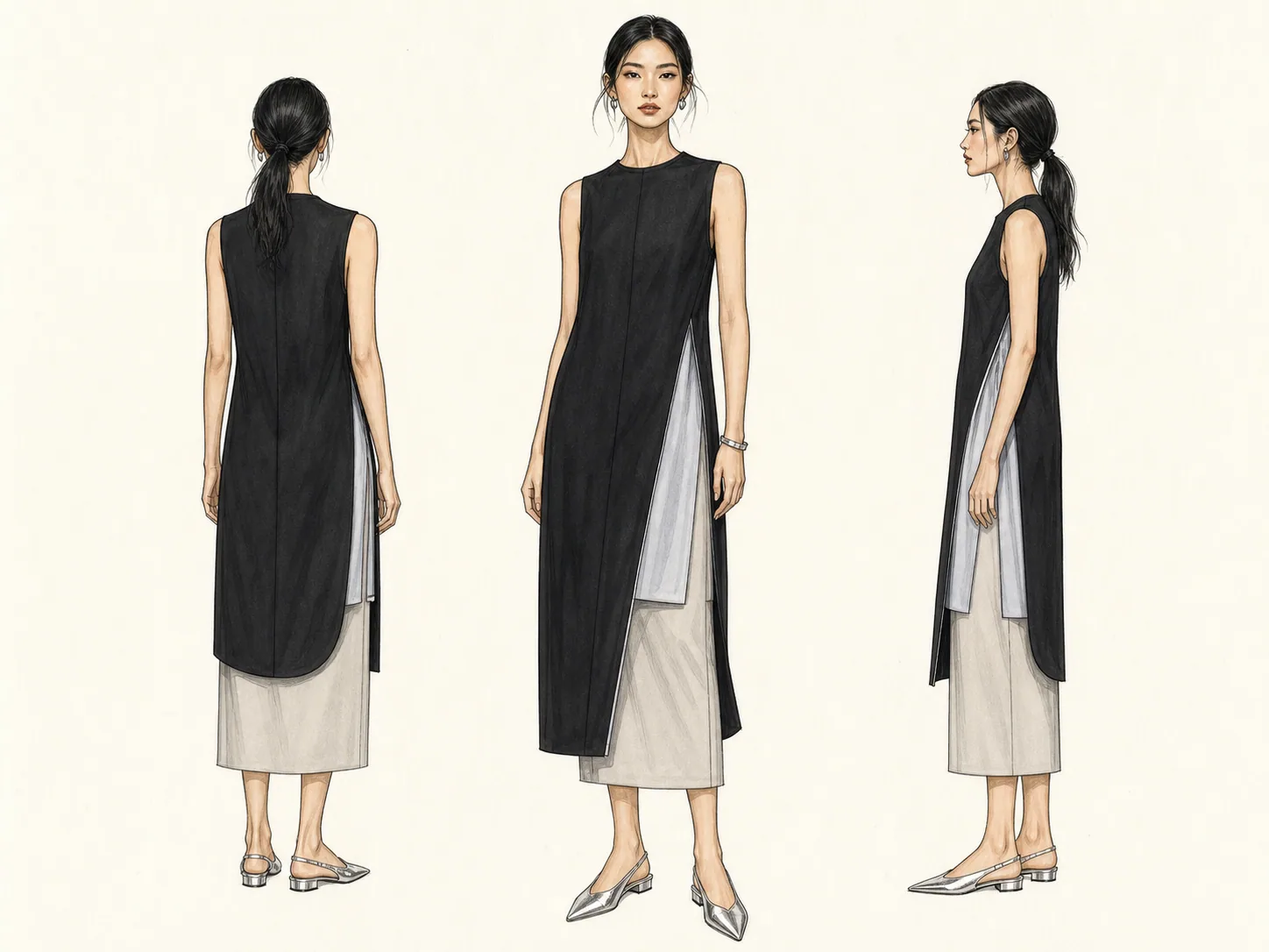 แฟชั่นสเก็ตช์ชุด Quiet Column Set ของ Atelier Demo มุมด้านหลัง ด้านหน้า และด้านข้าง