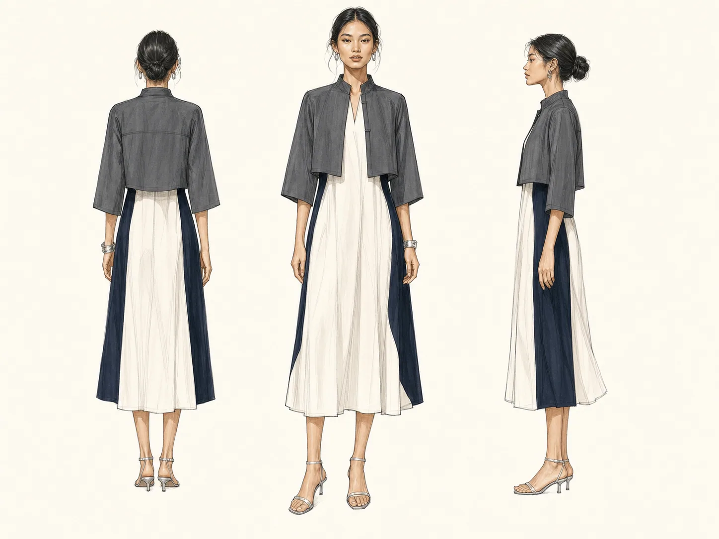 แฟชั่นสเก็ตช์ชุด Seven-Day Layer Dress ของ Atelier Demo มุมด้านหลัง ด้านหน้า และด้านข้าง