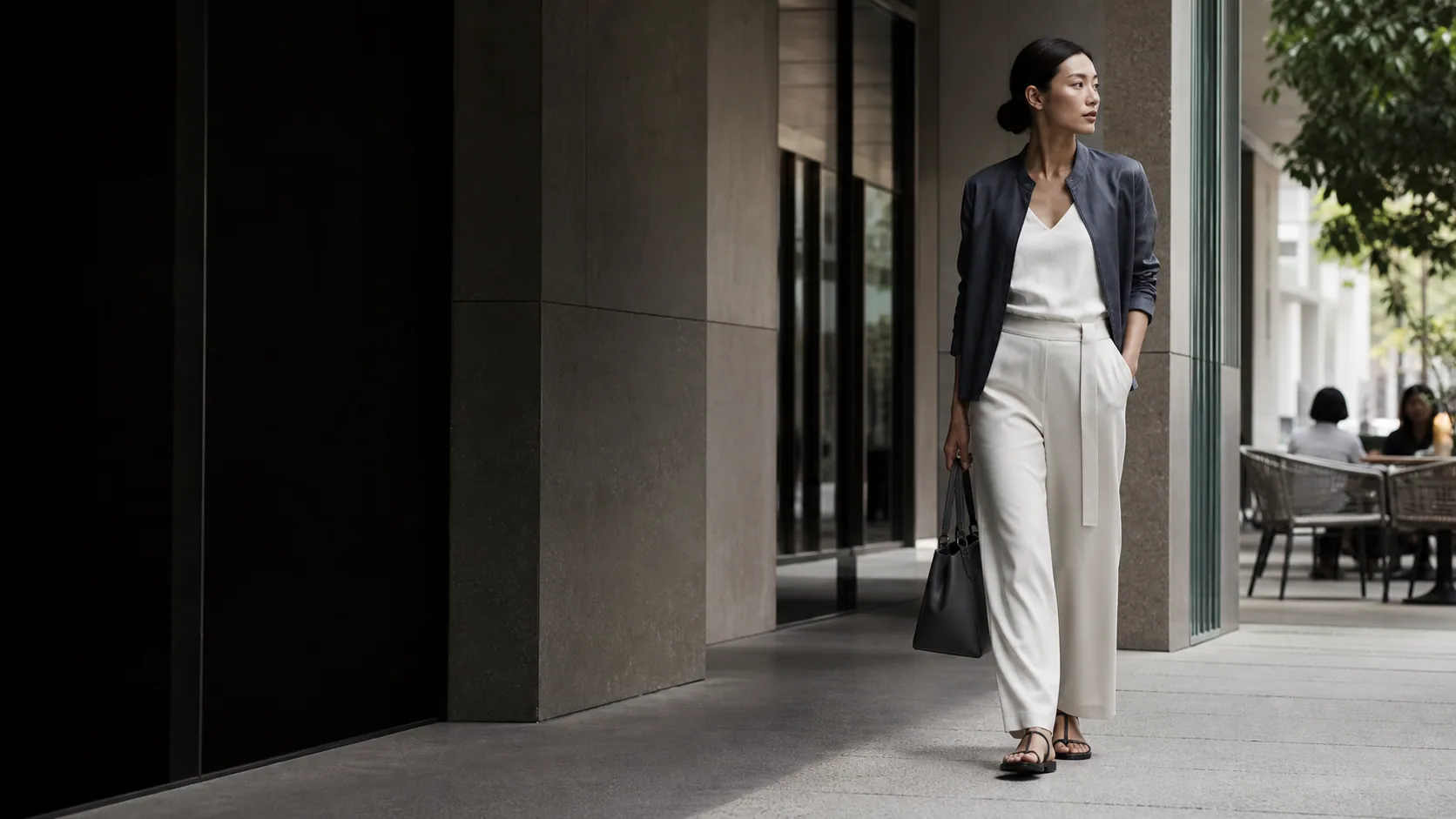 ผู้หญิงเอเชียในชุด Contemporary Urban ของ Atelier Demo เดินท่ามกลางสถาปัตยกรรมเมือง